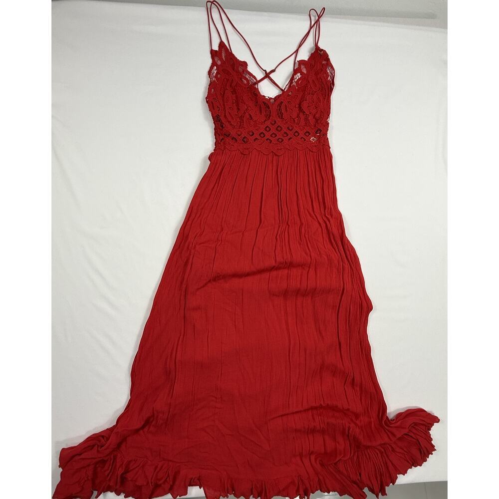 Free People NWT Adella Maxi Slip Dress Sz M Sleeveless Boho Crochet Lace Red - Picture 2 of 12